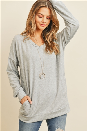 S6-1-2-RFT2618-FRT-HG - OVERSIZED FRENCH TERRY V-NECK SWEATER WITH INSEAM POCKET- HEATHER GREY 1-2-2-2