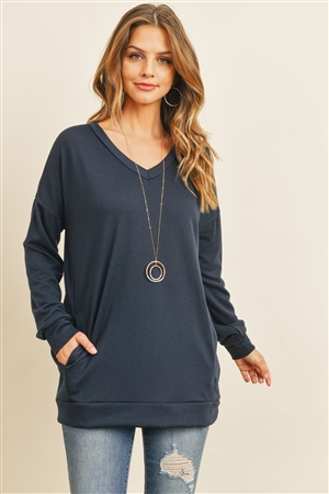 S7-1-1-RFT2618-FRT-NV - OVERSIZED FRENCH TERRY V-NECK SWEATER WITH INSEAM POCKET- NAVY 1-2-2-2