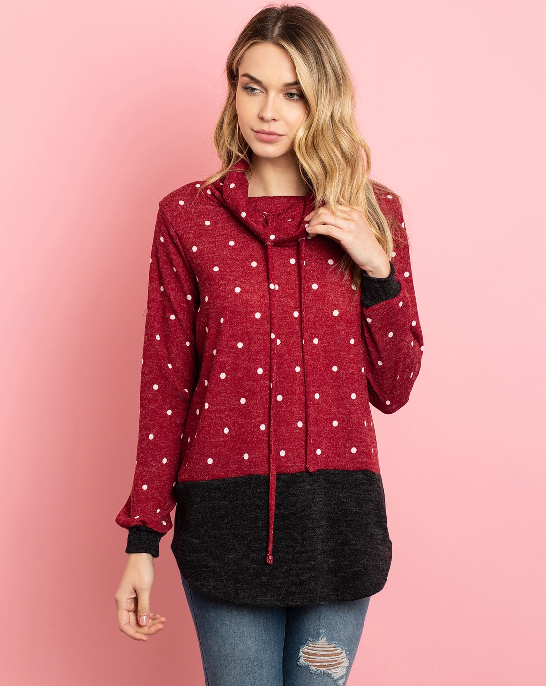 S8-6-3-RFT2638-RPD026-BUCHL-2 - SELF TIE POLKA DOT KNIT BOTTOM CONTRAST HOODIE- BURGUNDY/CHARCOAL 3-0-0-1