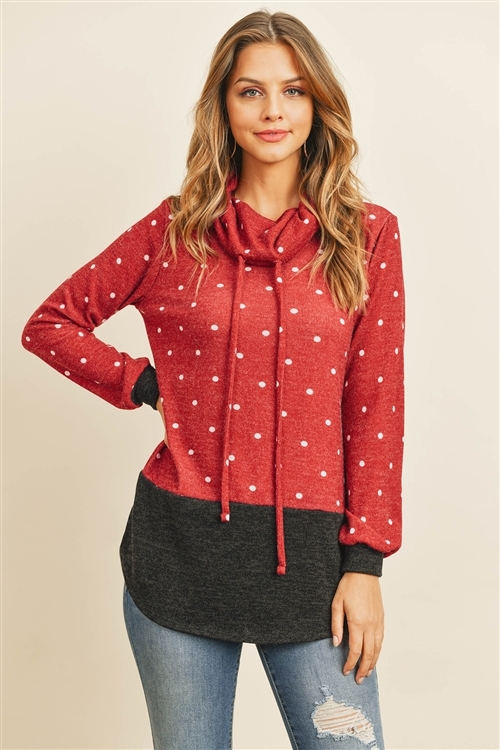 S8-6-3-RFT2638-RPD026-BUCHL-2 - SELF TIE POLKA DOT KNIT BOTTOM CONTRAST HOODIE- BURGUNDY/CHARCOAL 3-0-0-1