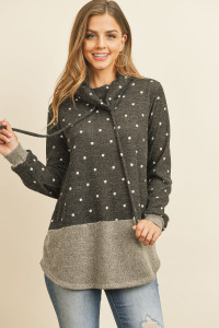 S16-4-3-RFT2638-RPD026-CHLOTM - SELF TIE POLKA DOT KNIT BOTTOM CONTRAST HOODIE- CHARCOAL/OATMEAL 1-2-2-2