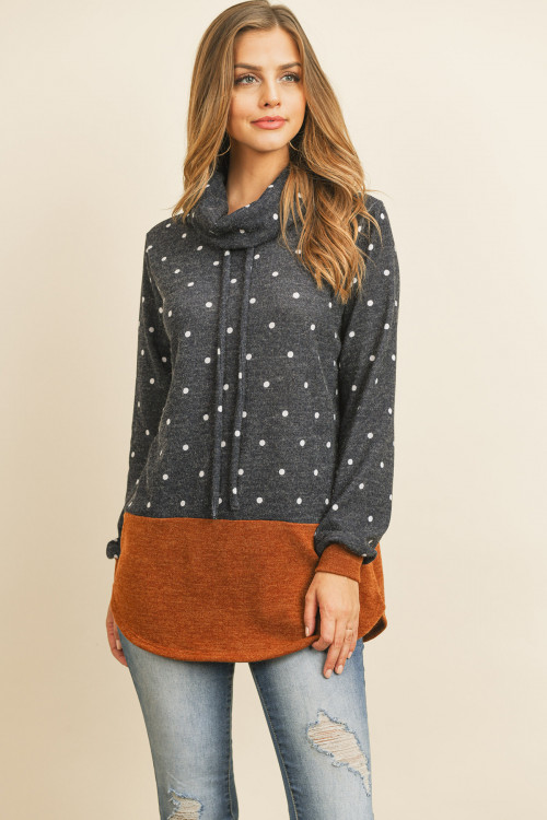 S12-1-2-RFT2638-RPD026-NVCML - SELF TIE POLKA DOT KNIT BOTTOM CONTRAST HOODIE- NAVY/CAMEL 1-2-2-2