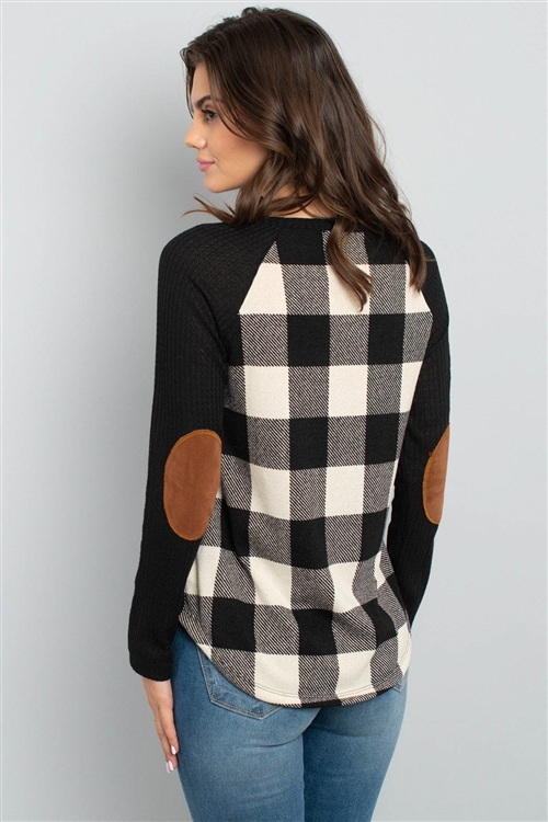 S4-2-2-RFT2656-RPL019C-BKIV - ELBOW PATCHED RIB DETAIL SLEEVE PLAID TOP- BLACK/IVORY 1-2-2-2