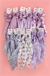 S28-1-3-RH-83006 -SPRING FLORAL  ASSORTED DESIGNS SCRUNCHIE SCARF HAIR ACCESSORIES-LAVENDER/12PCS