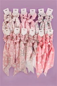 S27-1-1-RH-83009 - SPRING FLORAL ASSORTED DESIGNS SCRUNCHIE SCARF HAIR ACCESSORIES-PINK/12PCS