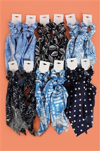 S28-1-2-RH-83011 - ASSORTED DESIGNS SCRUNCHIE SCARF HAIR ACCESSORIES-BLUE/12PCS