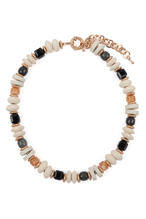 S5-5-2-RMN6830IV - WOOD, MIX BEADS BOHO NECKLACE-IVORY/1PC