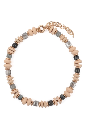S5-5-2-RMN6830LRS - WOOD, MIX BEADS BOHO NECKLACE-LIGHT ROSE/1PC