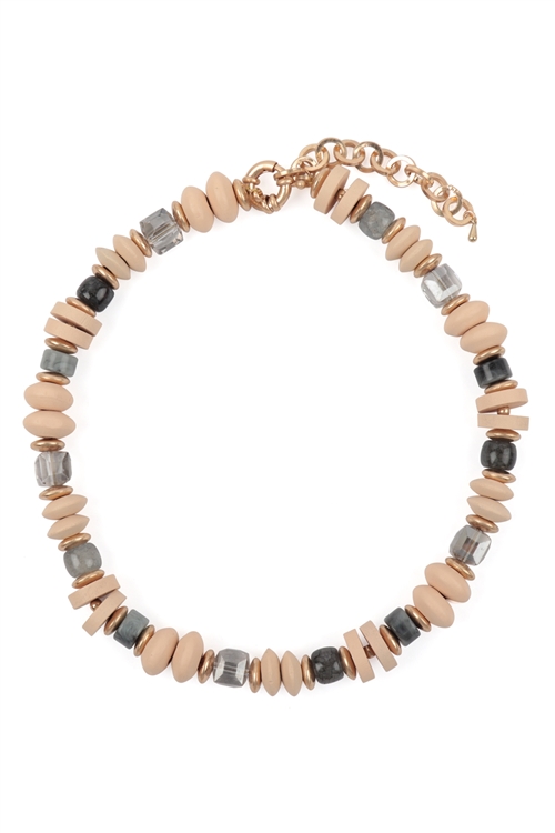 S5-5-2-RMN6830LRS - WOOD, MIX BEADS BOHO NECKLACE-LIGHT ROSE/1PC