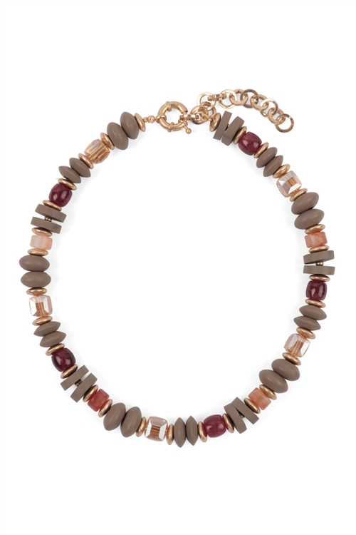 S5-5-2-RMN6830WGY - WOOD, MIX BEADS BOHO NECKLACE--GRAY/1PC