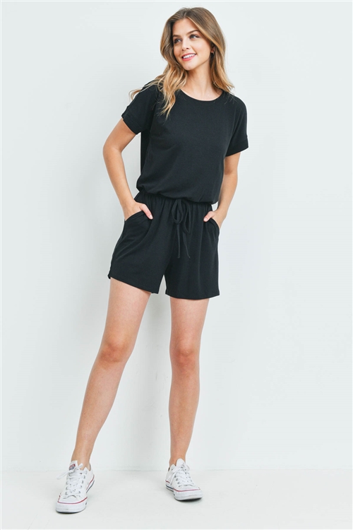 S14-11-1-RP-2171-BK - ROMPER WITH ELASTIC WAIST & BACK KEYHOLE OPENING- BLACK 1-1-2-2