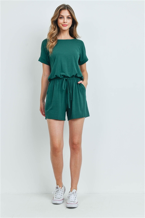 S13-1-3-RP-2171-DKGN - ROMPER WITH ELASTIC WAIST & BACK KEYHOLE OPENING- DARK GREEN 1-1-2-2