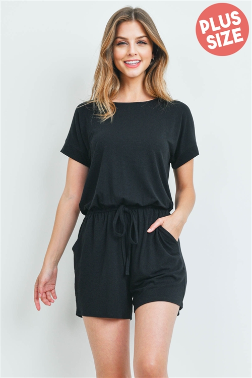 S10-13-2-RP-2171X-BK - PLUS SIZE ROMPER WITH ELASTIC WAIST & BACK KEYHOLE OPENING- BLACK 3-2-1