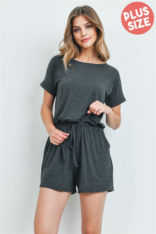 S16-11-3-RP-2171X-CHL - PLUS SIZE ROMPER WITH ELASTIC WAIST & BACK KEYHOLE OPENING- CHARCOAL 3-2-1