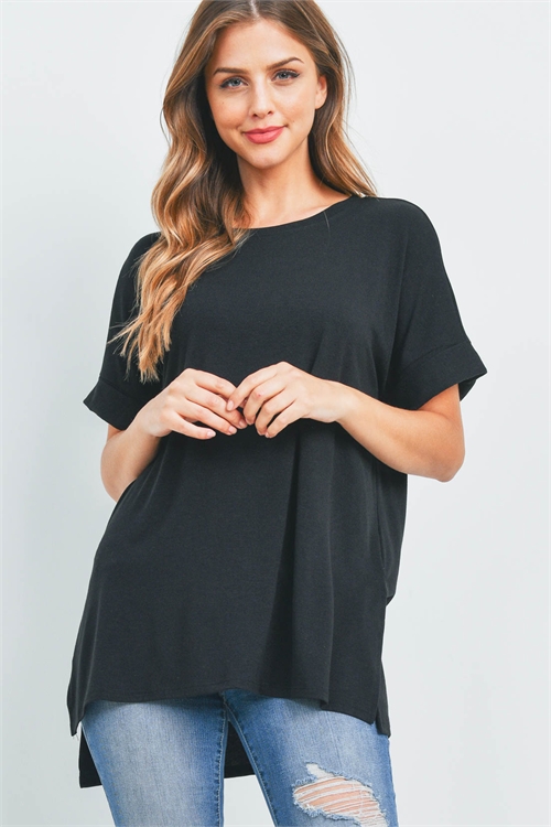 S16-5-3-RT-1628-BK - ROLLED SLEEVE SIDE SLIT TOP- BLACK 1-1-2-2