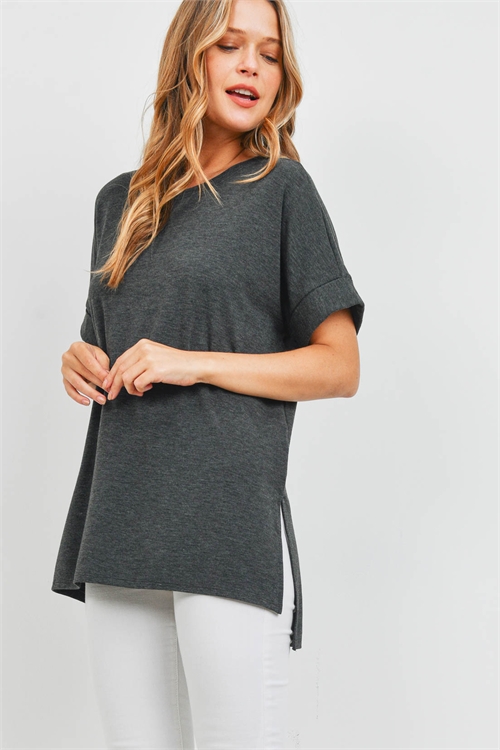 S9-20-3-RT-1628-CHL - ROLLED SLEEVE SIDE SLIT TOP- CHARCOAL 1-1-2-2