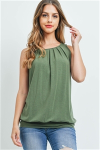 S6-3-3-RT-2011P-AOV - ROUND NECK PLEATED TOP WITH WAISTBAND- ASH OLIVE 1-2-2-1