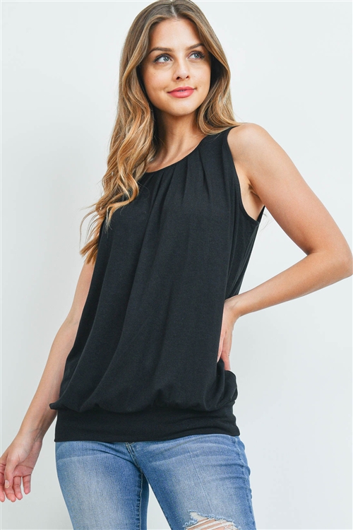 S4-2-4-RT-2011P-BK - ROUND NECK PLEATED TOP WITH WAISTBAND- BLACK 1-2-2-1