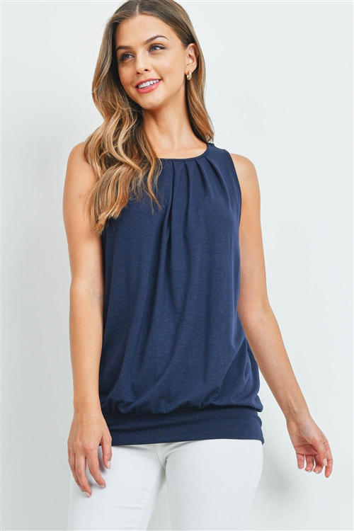 S8-3-2-RT-2011P-NV - ROUND NECK PLEATED TOP WITH WAISTBAND- NAVY 1-2-2-1