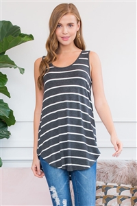 S11-5-3-RT-2090-CHLIV-1 - STRIPED  FABRIC SLEEVELESS TOP- CHARCOAL-IVORY 0-2-2-1