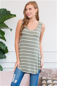 S11-6-2-RT-2090-LTOVIV-1 - STRIPED  FABRIC SLEEVELESS TOP- LIGHT OLIVE-IVORY 0-2-2-1