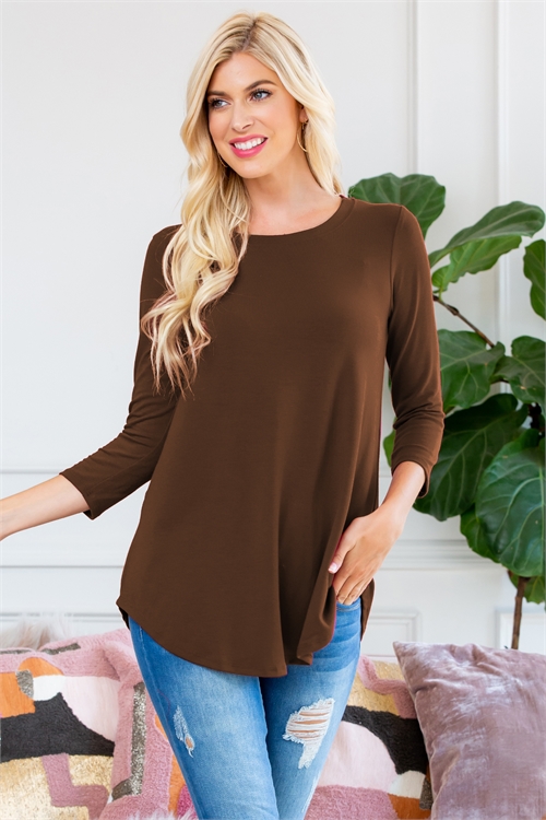 BLK-11-1-RT-2102-LTBWN-A - 3/4 SLEEVE ROUND NECK & ROUND HEM TOP- LIGHT BROWN 2-0-1-0