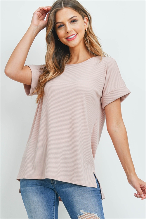 S9-18-1-RT-8031-DSTBLS - RIBBED ROUND NECK SIDE SLIT TOP- DUSTY BLUSH 1-1-2-2