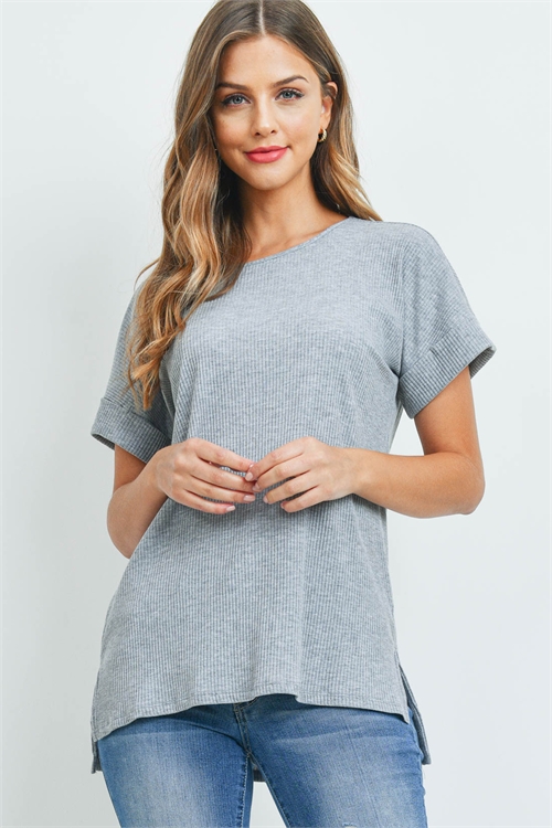 S9-18-1-RT-8031-HG - RIBBED ROUND NECK SIDE SLIT TOP- HEATHER GREY 1-1-2-2