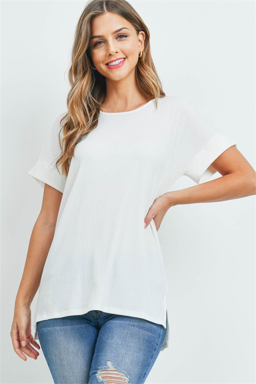 S9-19-4-RT-8031-IV - RIBBED ROUND NECK SIDE SLIT TOP- IVORY 1-1-2-2