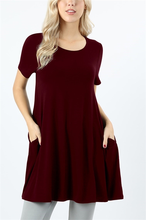 S4-8-3-RT-9927-DKBU-1 - LONGLINE FLARED TOP WITH SIDE POCKETS- DARK BURGUNDY 1-4-0-0