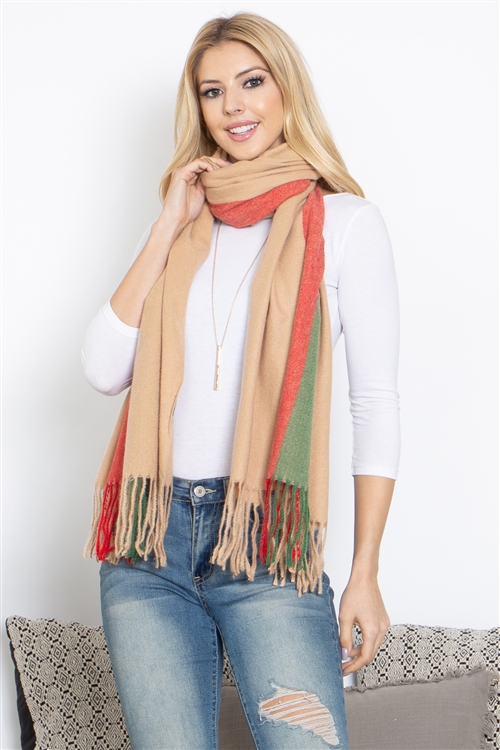 S9-4-4-S5006TAN-CN525660-STRIPED KNIT FRINGE WARMER SCARF WRAP/6PCS