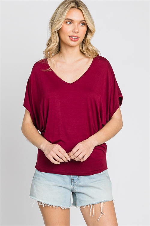 S43-1-1-SA-AD2458-BU - ROUNDED V-NECKLINE RUFFLE SHORT SLEEVE BATWING TOP- BURGUNDY 2-2-2