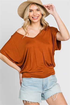 S43-1-1-SA-AD2458-CML - ROUNDED V-NECKLINE RUFFLE SHORT SLEEVE BATWING TOP- CAMEL 2-2-2