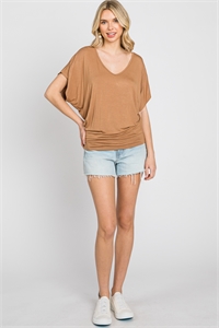 S43-1-1-SA-AD2458-TP - ROUNDED V-NECKLINE RUFFLE SHORT SLEEVE BATWING TOP- TAUPE 2-2-2