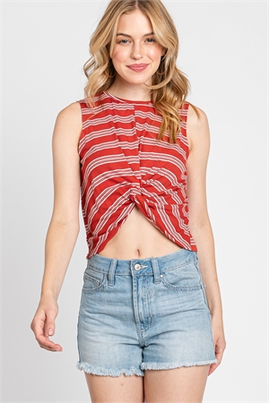 S43-1-1-AD2549-SL-RU - STRIPE FRONT TWIST KNOT SLEEVELESS CROP TOP- RUST 1-2-2-1