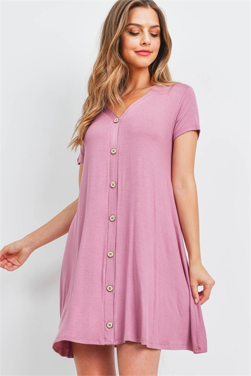 S43-1-1-SA-AD4507-S-MV - SHORT SLEEVE BUTTON DOWN A-LINE DRESS- MAUVE 2-2-2