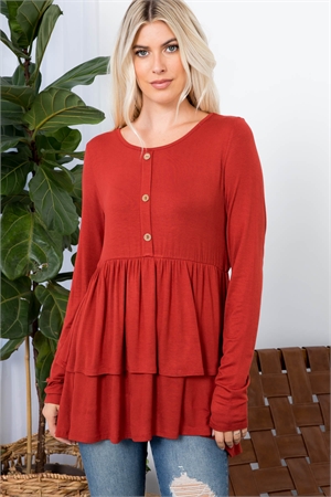 S43-1-1-SA-AD4656-RU - ROUND NECK BUTTON FRONT TIER LONG SLEEVE TOP- RUST 2-2-2