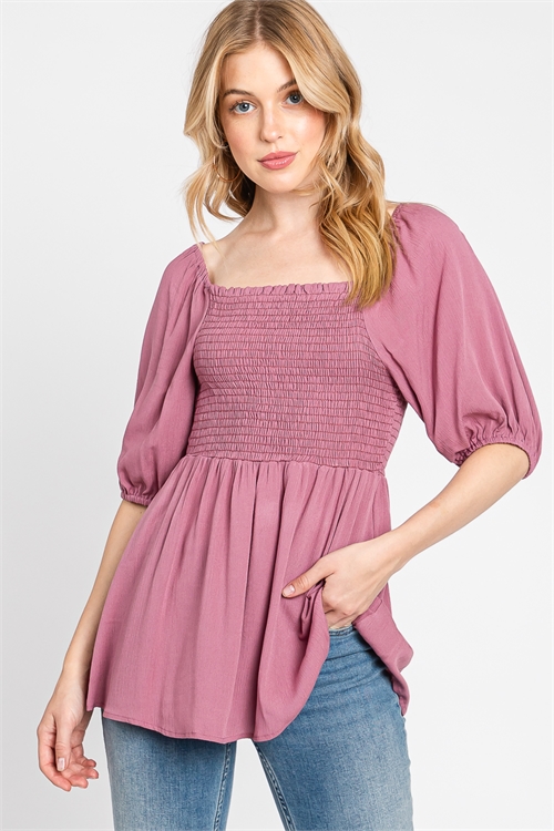 S43-1-1-SA-AD5024-MV - GUAZE PUFF SLEEVE SMOCKING TOP- MAUVE 2-2-2