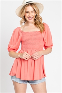 S43-1-1-SA-AD5024-PCH - GUAZE PUFF SLEEVE SMOCKING TOP- PEACH 2-2-2