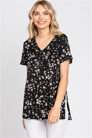 S43-1-1-SA-AD5284-FL-BK - FLORAL V-NECK SHORT SLEEVE TOP WITH SIDE SLIT- BLACK 2-2-2