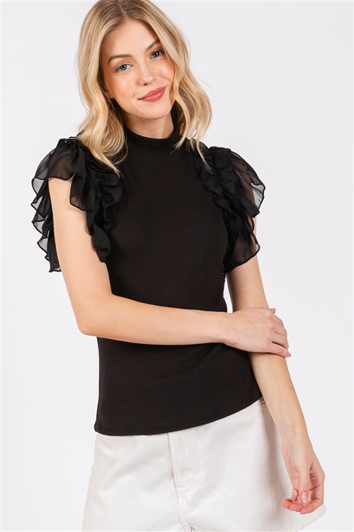 S43-1-1-AD5979-BK - MOCK NECK CHIFFON SLEEVE TOP- BLACK 1-2-2-1