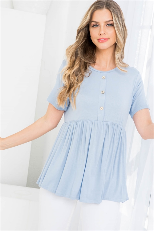 S43-1-1-AD4121 DUSTY BLUE ROUND NECK BUTTON DOWN RUFFLE TOP 2-2-2