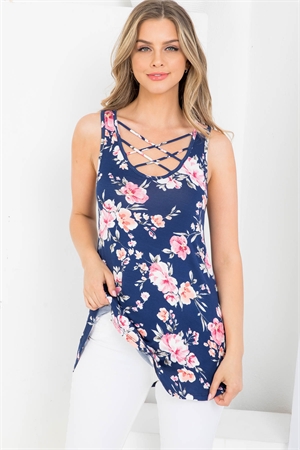 S43-1-1-AD4723 NAVY FLORAL PRINT KEYHOLE FRONT DETAIL SLEEVELESS TOP 2-2-2