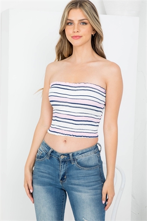 S43-1-1-AD2735 PINK IVORY STRIPES PRINT RUCHED TUBE TOP 1-1-2-1-1