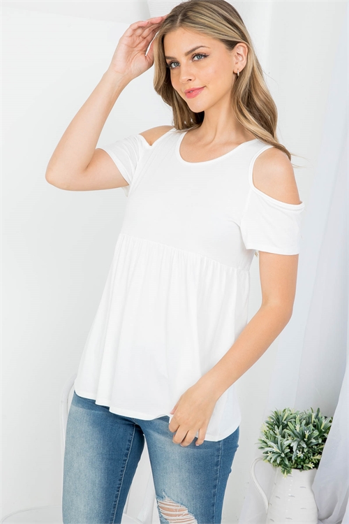 S43-1-1-AD4202 IVORY ROUND NECKLINE COLD SHOULDER RUFFLE TOP 1-2-2-1