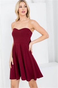 S43-1-1-AD5132 BURGUNDY OFF-SHOULDER TUBE TOP WITH BOW-TIE BACK RUFFLE MINI DRESS 2-2-2