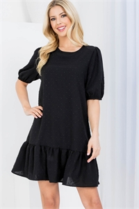 S43-1-1-AD5146 BLACK ROUND NECKLINE STRETCH CUFFED SLEEVE RUFFLE HEM EMBELLISHED FABRIC A-LINE DRESS 2-2-2