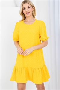 S43-1-1-AD5146 YELLOW ROUND NECKLINE STRETCH CUFFED SLEEVE RUFFLE HEM EMBELLISHED FABRIC A-LINE DRESS 2-2-2