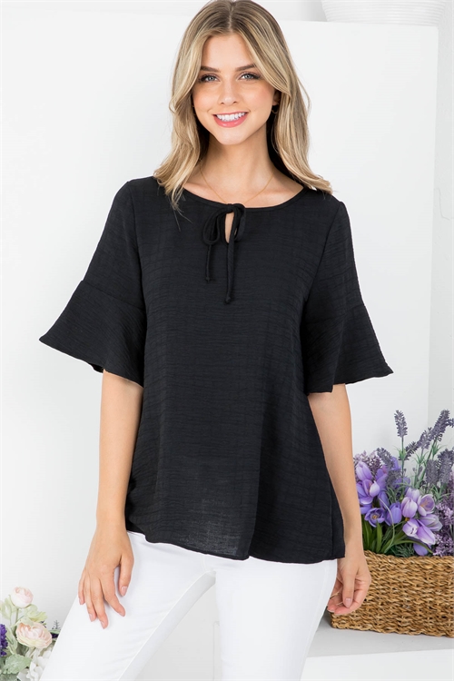 S43-1-1-AD5157 BLACK ROUND NECKLINE WITH FRONT TIE BELL SHORT SLEEVE TOP 2-2-2