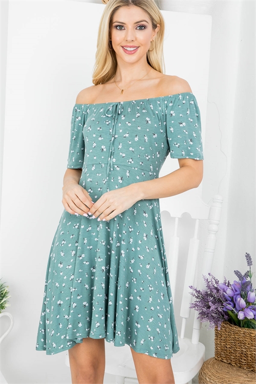 S43-1-1-AD4148 MINT FLORAL PRINT OFF SHOULDER WITH FRONT TIE DRESS 2-2-2-2